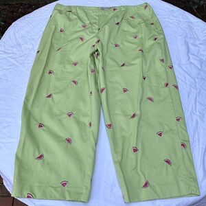 David Brooks 100% Cotton Green Capri Pants w/ Embroidered Watermelon 24” Inseam